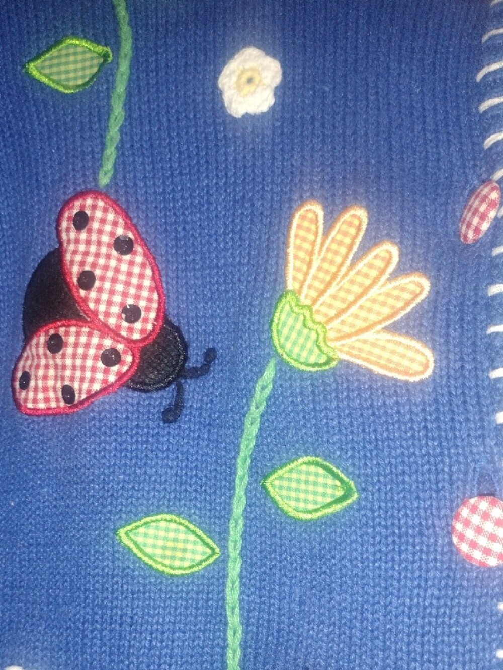 Blue Ladies Short-Sleeve Cardigan with Floral & Ladybug Appliqués - Picture 4 of 10